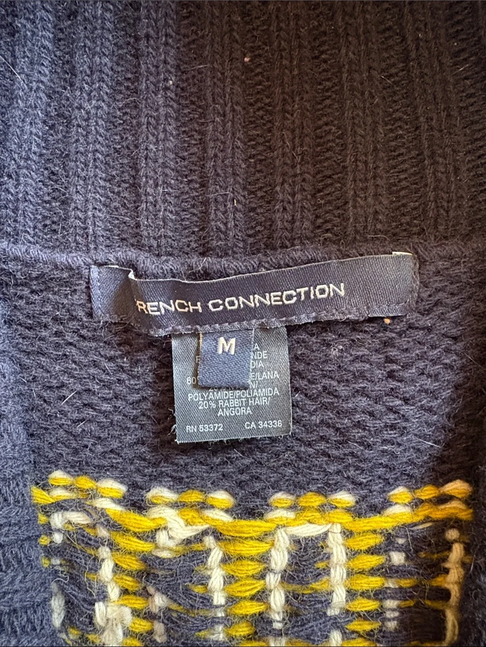 French Connection Navy Wool and Angora Sweater Multicolor Fair Isle Pattern sz M